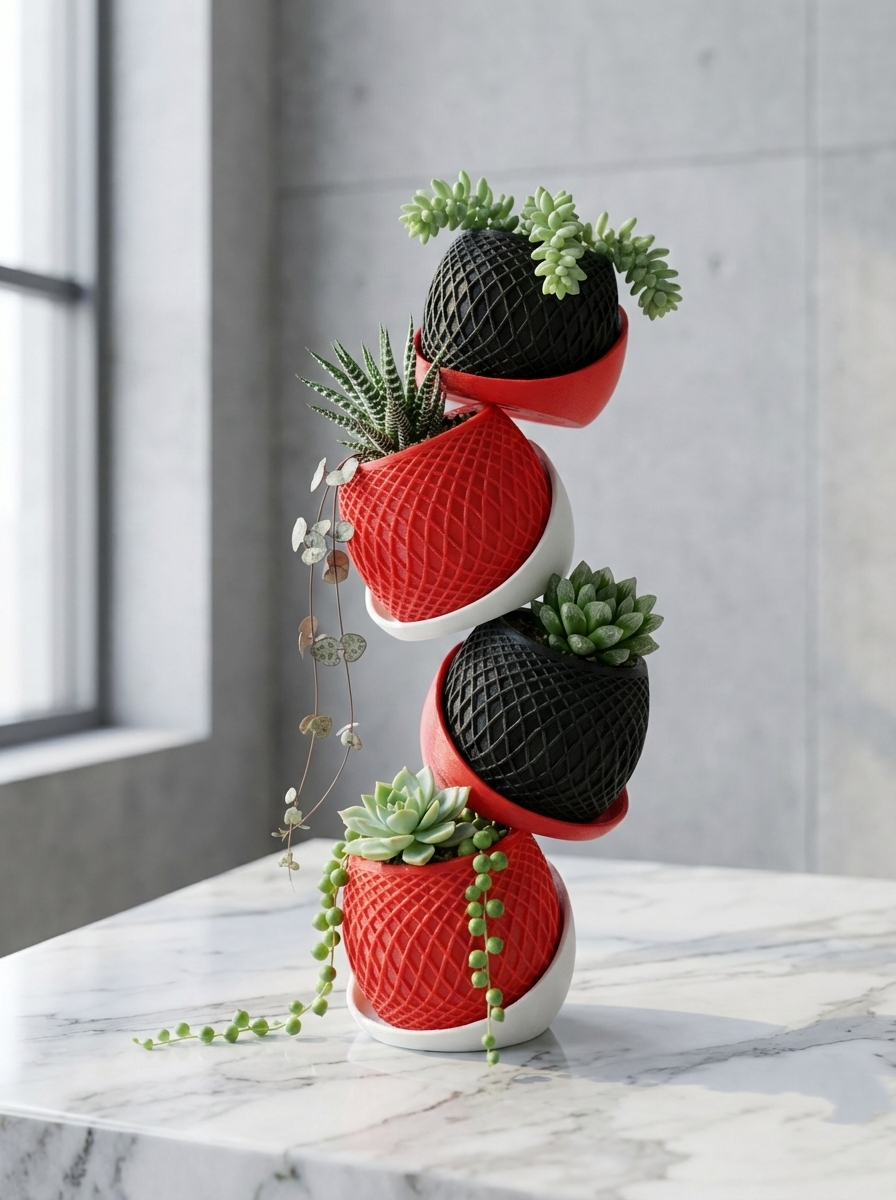 Premium 3D Printed Geometric Succulent Planter Set of 2 | Modern Mini Pots β Choose Red/White or Black/Red (Plants Not Included)