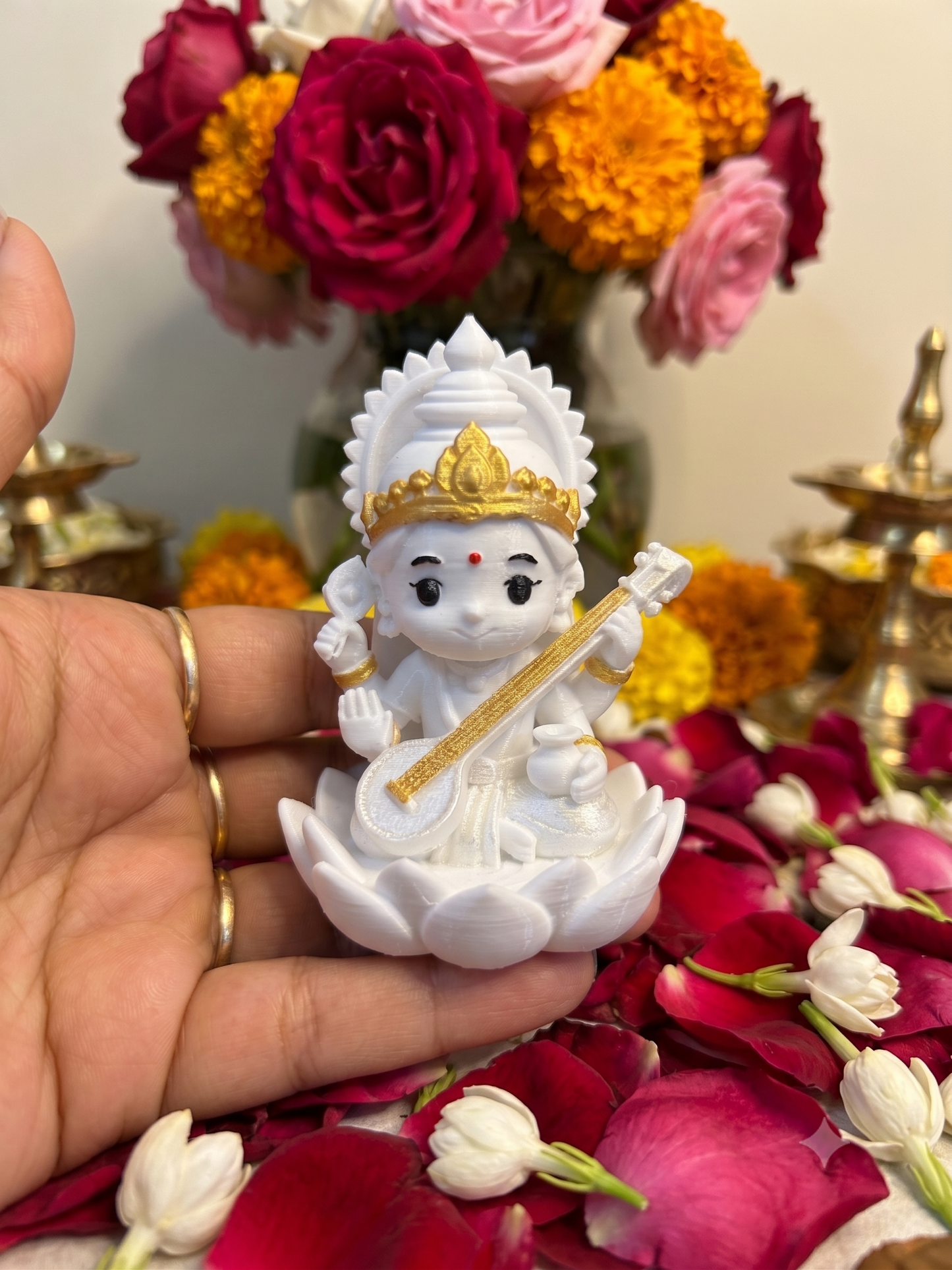 Premium 3D Printed Cute Saraswati Idol | 8 cm Goddess Statue for Pooja, Office Desk, Study Table, Car dasboard
