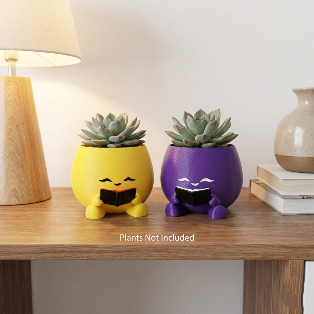 Premium Kawaii Bookworm Succulent Planter Set of 2 | Cute Reading Character Pots (Yellow + Purple) – Plants Not Included