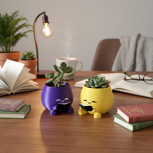Premium Kawaii Bookworm Succulent Planter Set of 2 | Cute Reading Character Pots (Yellow + Purple) – Plants Not Included