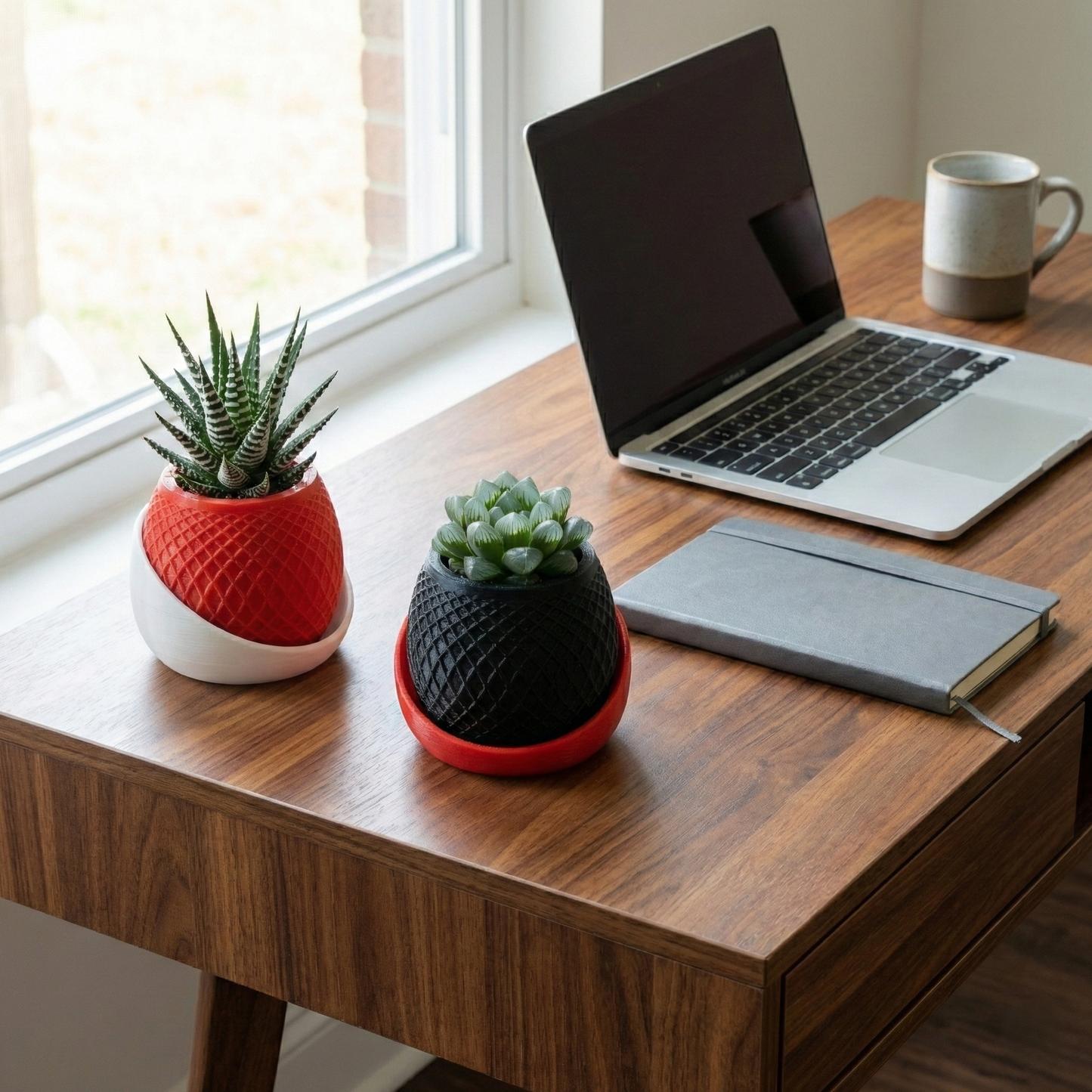 Premium 3D Printed Geometric Succulent Planter Set of 2 | Modern Mini Pots – Choose Red/White or Black/Red (Plants Not Included)