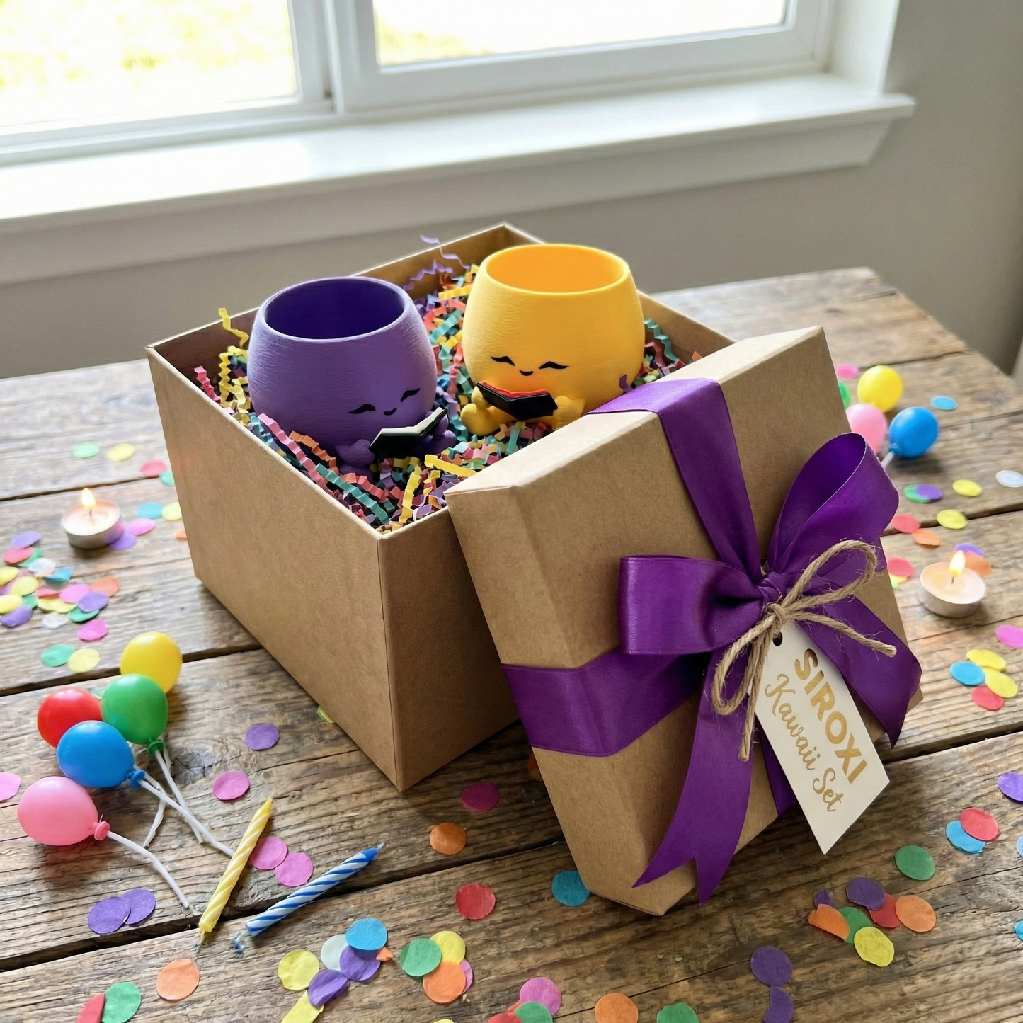 Premium Kawaii Bookworm Succulent Planter Set of 2 | Cute Reading Character Pots (Yellow + Purple) – Plants Not Included