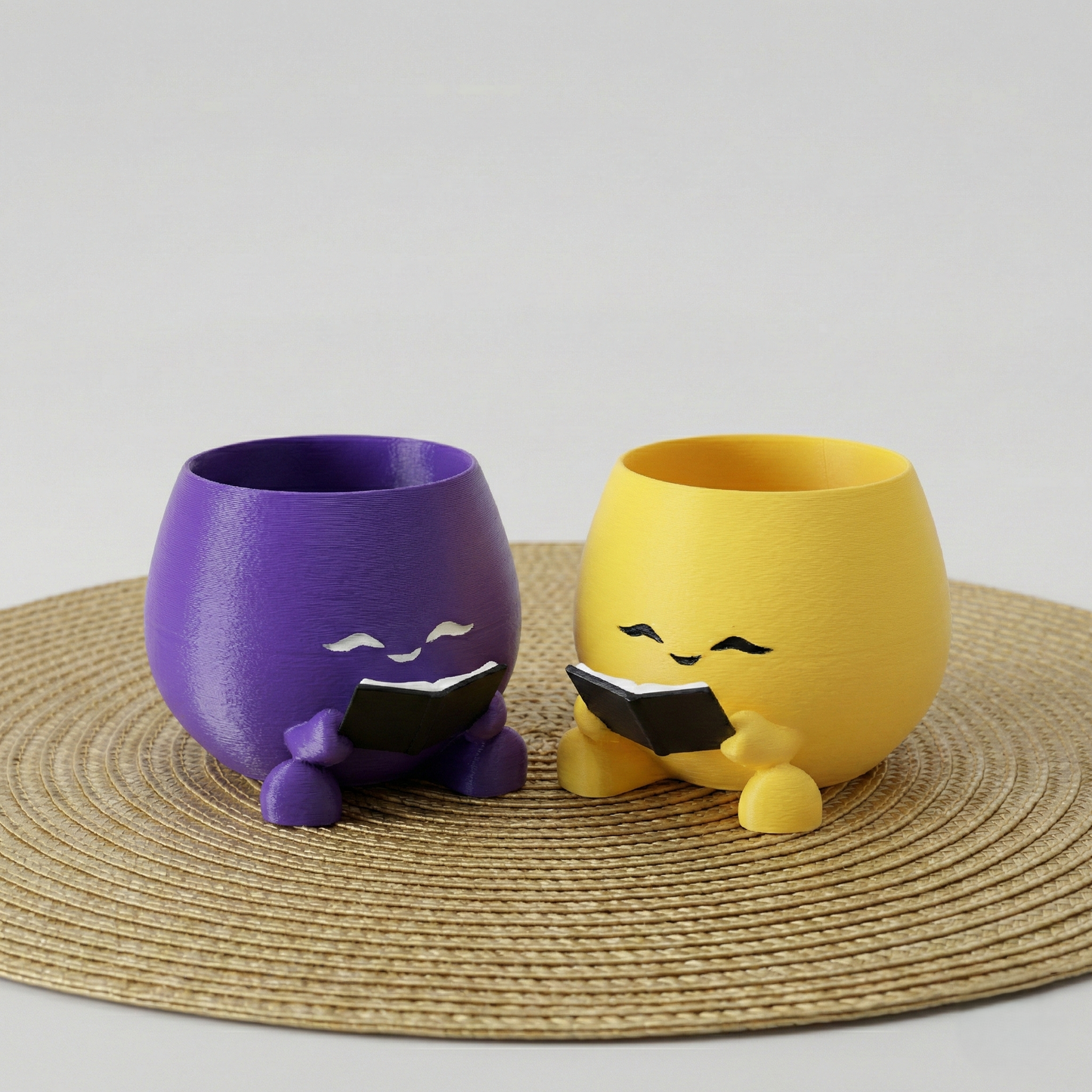 Premium Kawaii Bookworm Succulent Planter Set of 2 | Cute Reading Character Pots (Yellow + Purple) – Plants Not Included