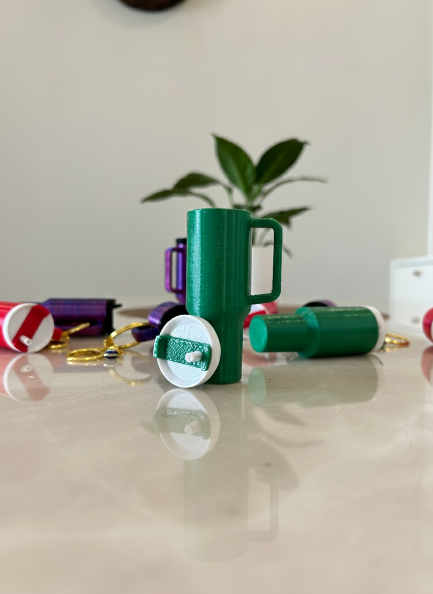 Vibrant 3D Printed Tumbler Keychains – Choose Your Color (Green, Purple, Red) – Cute Bag & Key Accessory