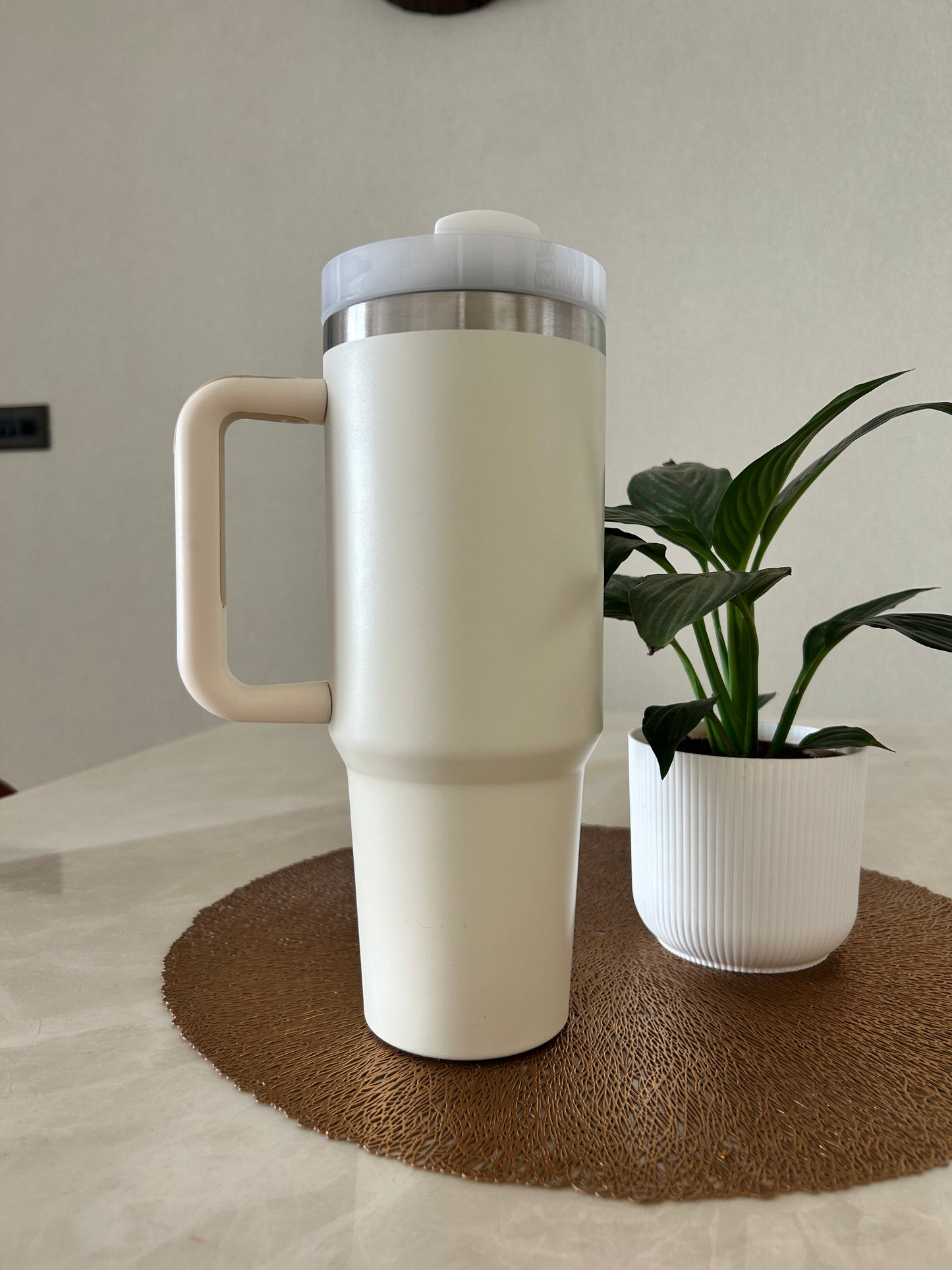 1200 ml Stainless Steel Travel Mug with Handle – Large Capacity Insulated Cup with Sliding Lid for Coffee, Tea & Water (Black, Off White, Pastel Pink)