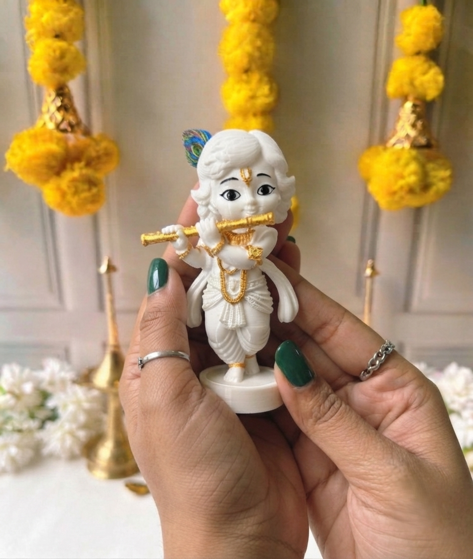 Premium 3D Printed Krishna Idol - Luxury Home Decor, 8cm Lord Krishna Statue for Pooja, Office Desk, Car Dashboard