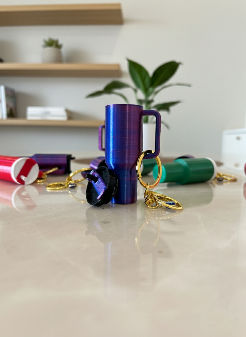 Vibrant 3D Printed Tumbler Keychains – Choose Your Color (Green, Purple, Red) – Cute Bag & Key Accessory