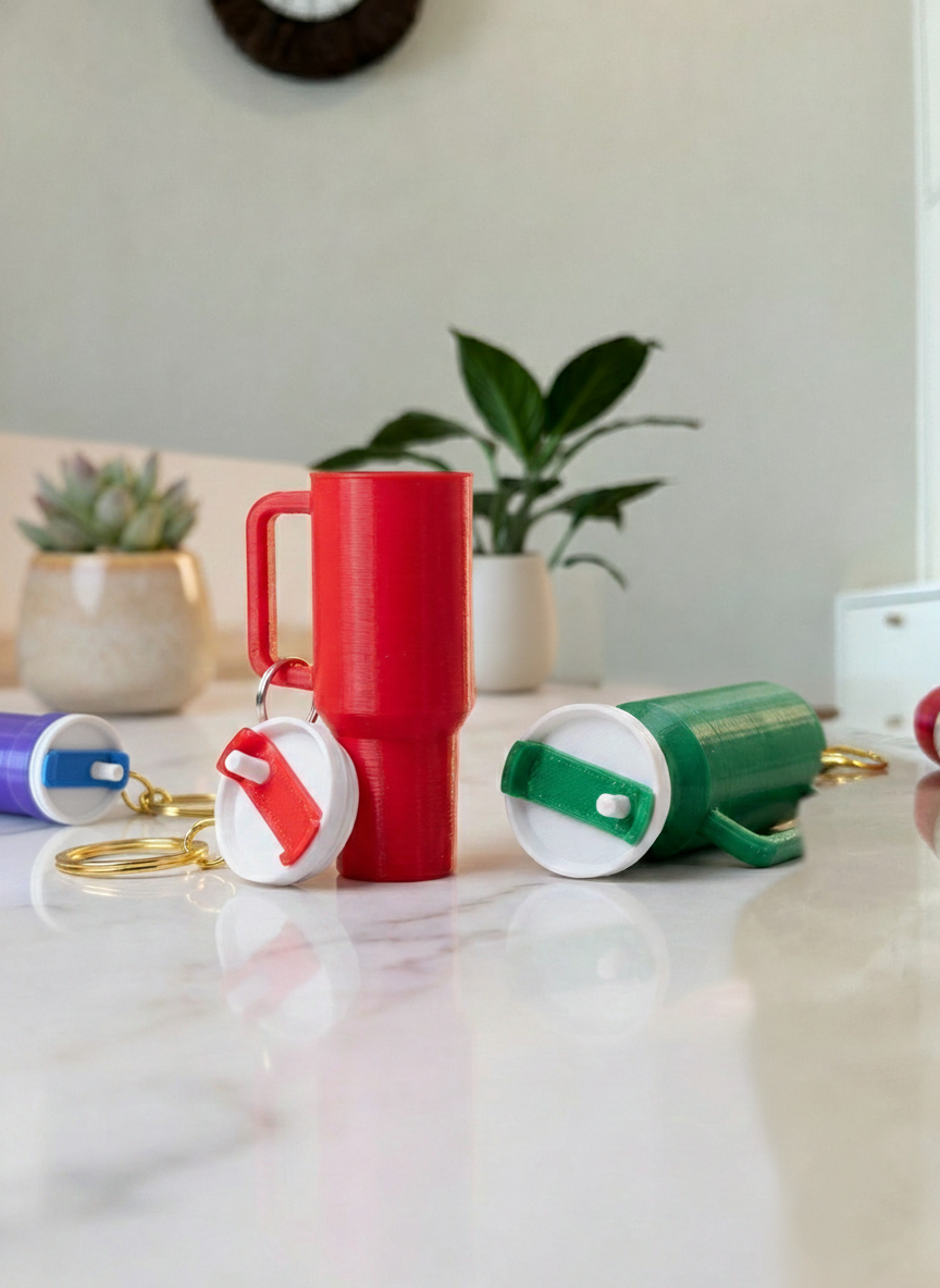 Vibrant 3D Printed Tumbler Keychains – Choose Your Color (Green, Purple, Red) – Cute Bag & Key Accessory