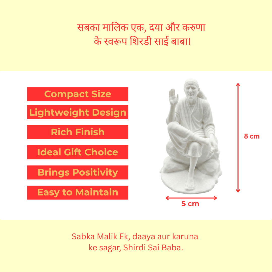 Premium 3D Printed Sai Baba Idol - Luxury Home Decor, 8 cm Idol for Pooja, Office Desk, Car Dashboard