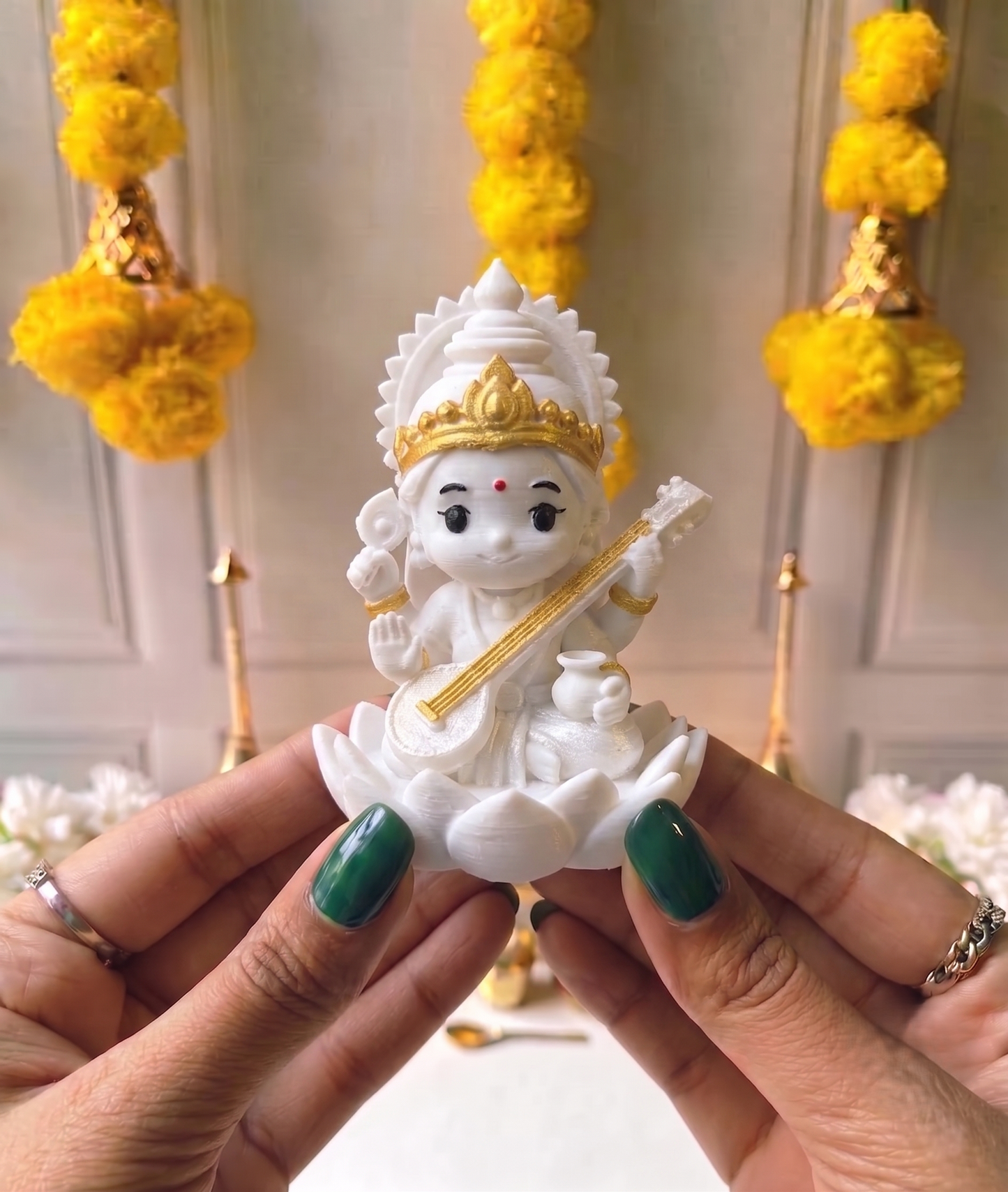 Premium 3D Printed Cute Saraswati Idol | 8 cm Goddess Statue for Pooja, Office Desk, Study Table, Car dasboard