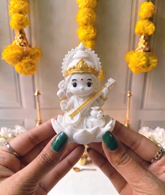 Premium 3D Printed Cute Saraswati Idol | 8 cm Goddess Statue for Pooja, Office Desk, Study Table, Car dasboard