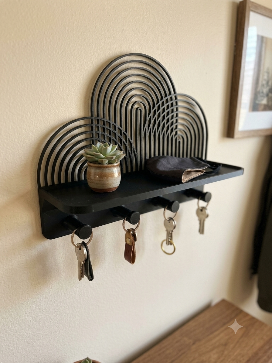 SIROXI Modern Art Deco Wall Organizer - 3D Printed Floating Shelf with 4 Key Hooks, Decorative Entryway Key Holder Rack for Living Room, Hallway & Office