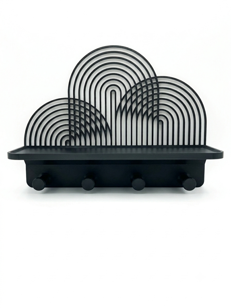 SIROXI Modern Art Deco Wall Organizer - 3D Printed Floating Shelf with 4 Key Hooks, Decorative Entryway Key Holder Rack for Living Room, Hallway & Office