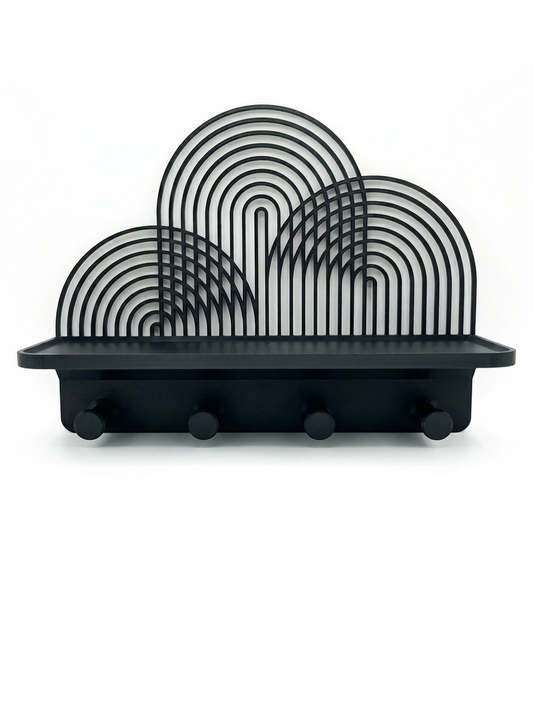 SIROXI Modern Art Deco Wall Organizer - 3D Printed Floating Shelf with 4 Key Hooks, Decorative Entryway Key Holder Rack for Living Room, Hallway & Office