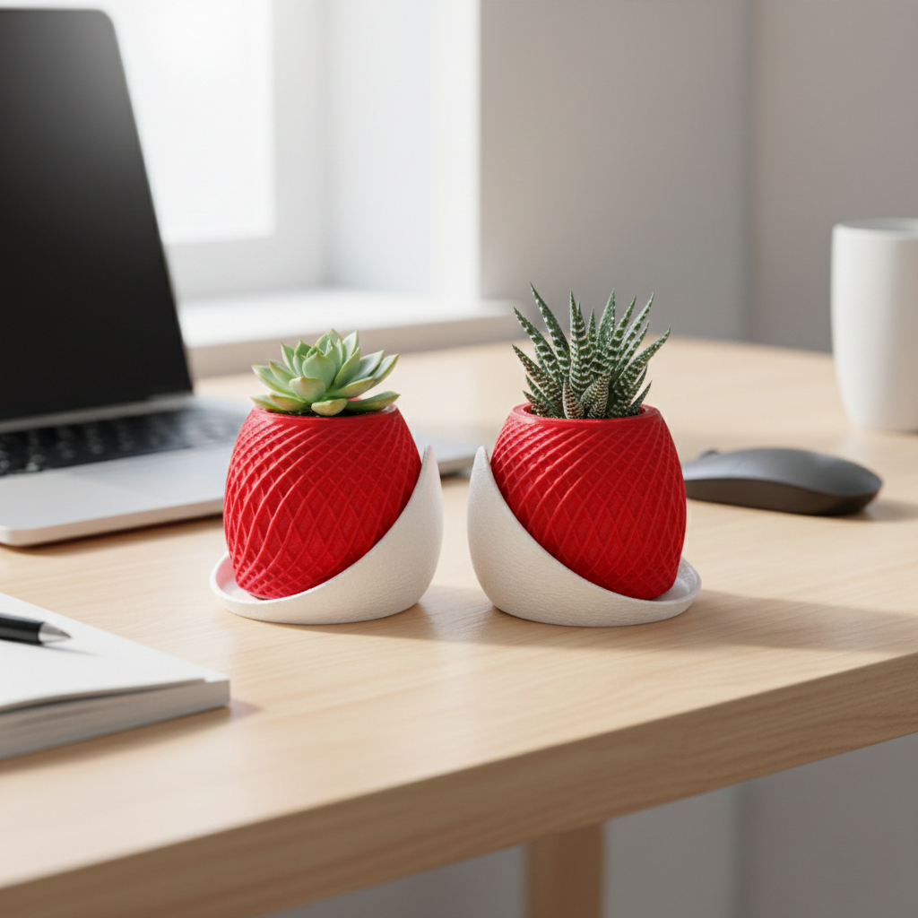 Premium 3D Printed Geometric Succulent Planter Set of 2 | Modern Mini Pots – Choose Red/White or Black/Red (Plants Not Included)