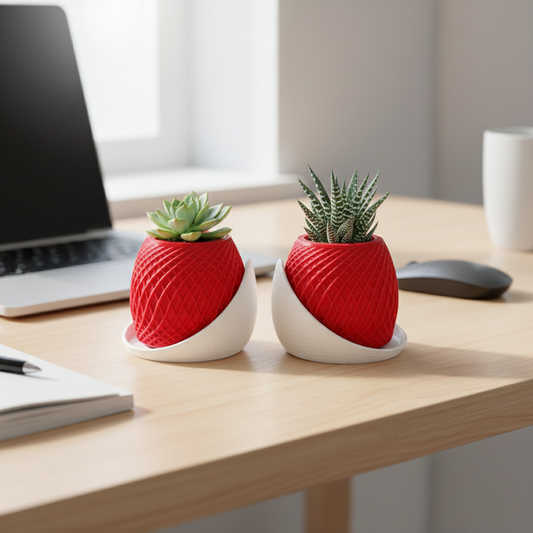 Premium 3D Printed Geometric Succulent Planter Set of 2 | Modern Mini Pots – Choose Red/White or Black/Red (Plants Not Included)